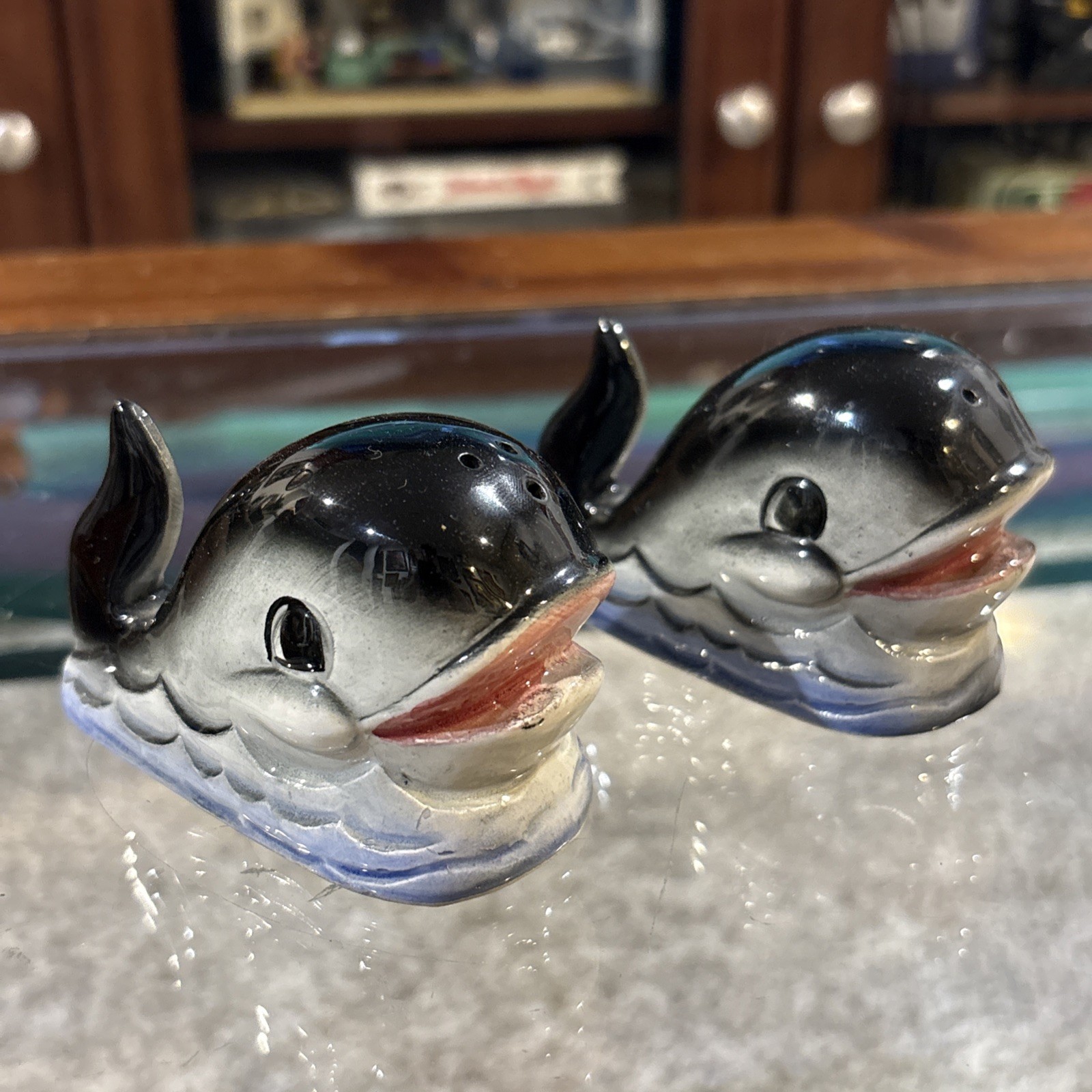 Vtg Whale Salt & Pepper Shaker Set Japan MCM Nautical Decor Nantucket Shore