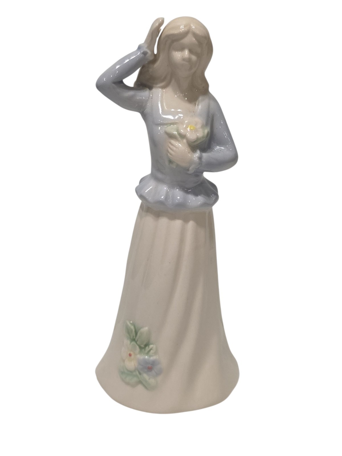 Vintage Porcelain Lady Figurine – Pastel Glaze – Woman Holding Flowers