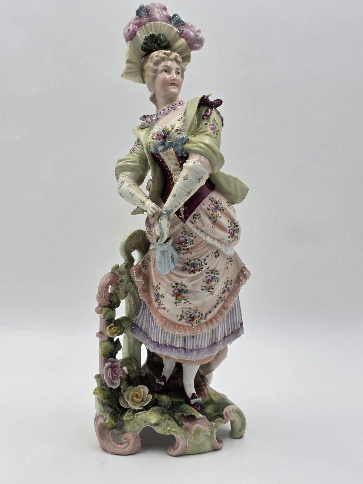 Antique 19th C German Dresden Style Porcelain Lady Figurine Bocage 16” Figure.