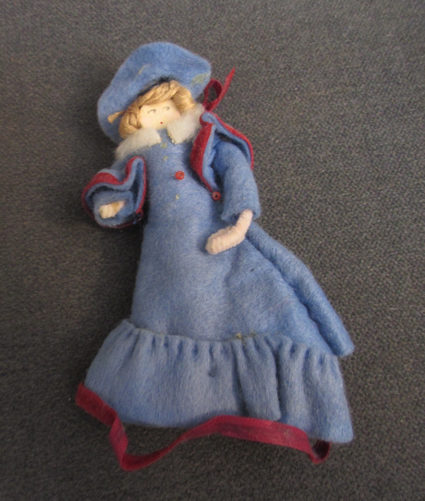 Vintage Clothespin Doll Blue Dress, & Hat, Red Trim  4½\