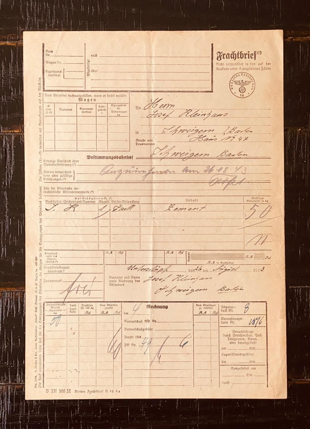 WW2 German 1943 Reichsbahn Bill of Lading Document A+