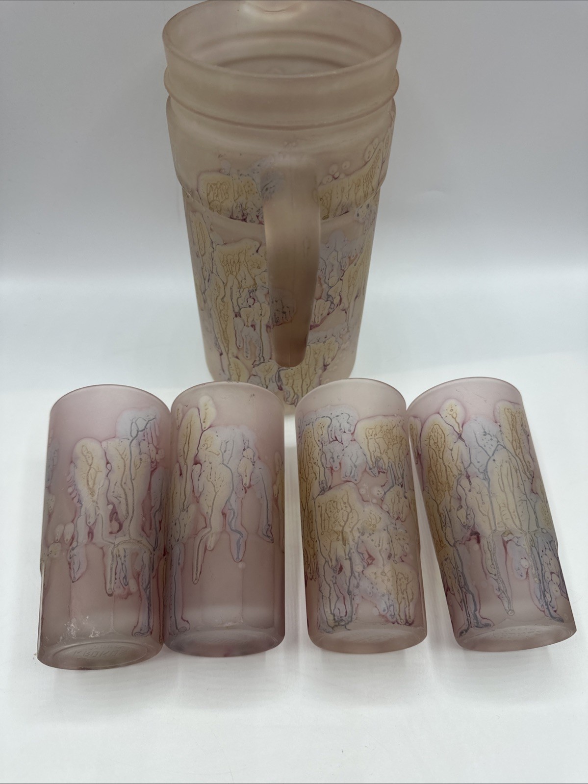 Vtg Rueben Art Noveau Frosted Glass Set of Pitcher and Four Glasses. Greek. Read
