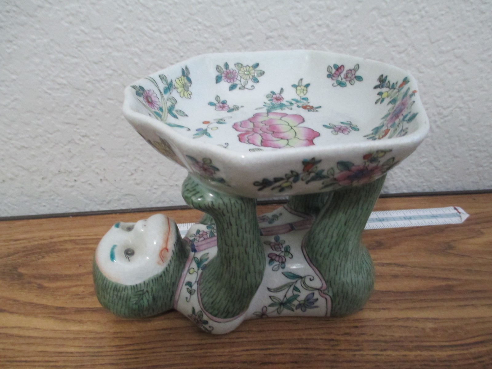 Vintage Ceramic Chinoiserie Monkey Laying on back and Holding Bowl