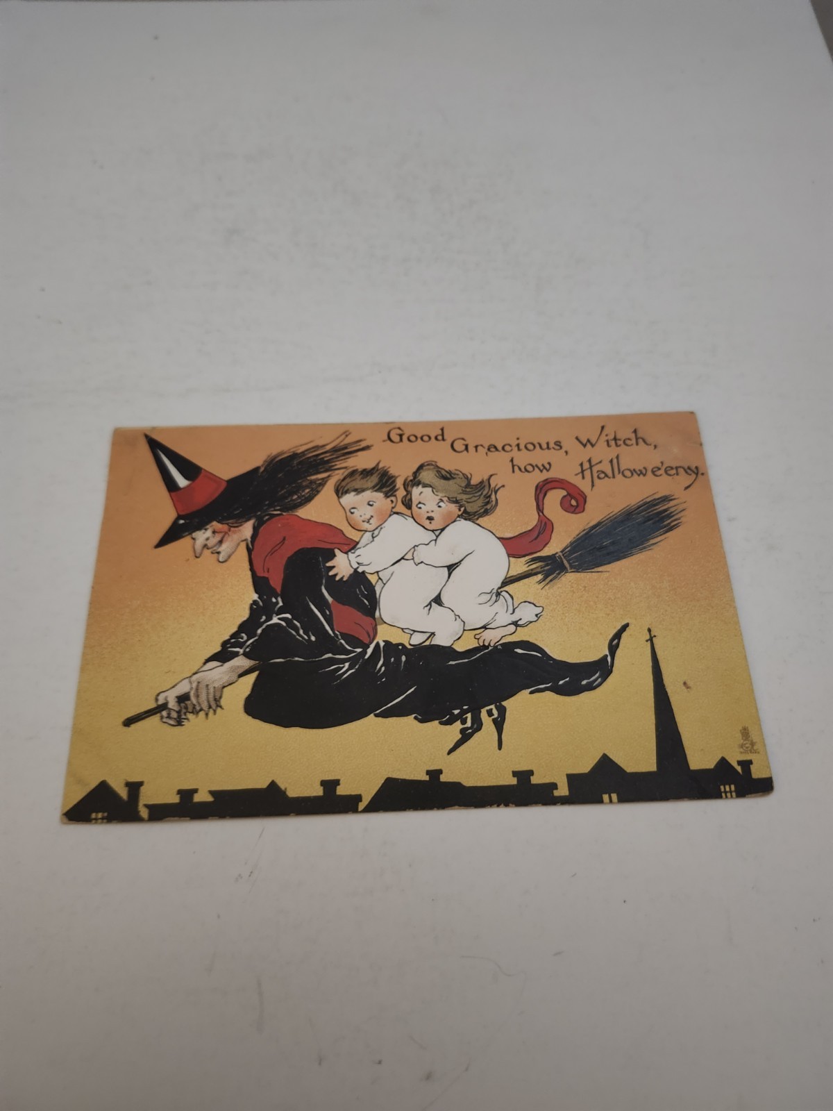 1912 Embossed Tucks Halloween Post Card Used Flying Witch