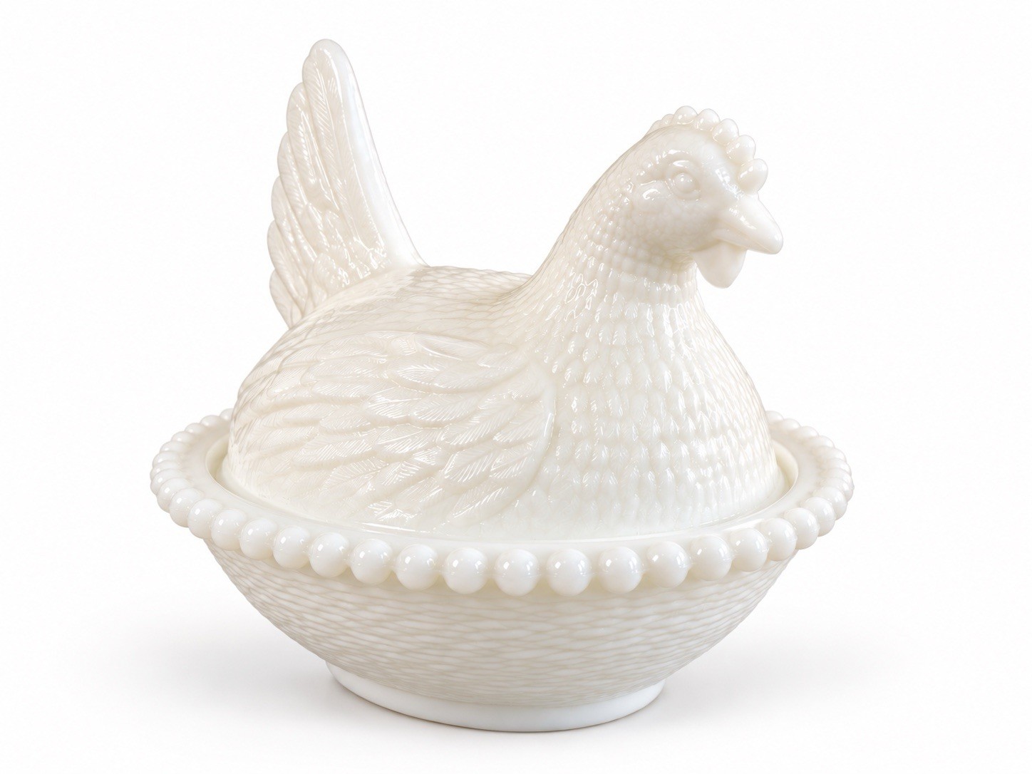 Vintage Indiana Glass Milk Glass Hen on Nest Covered Candy Dish Beaded Rim