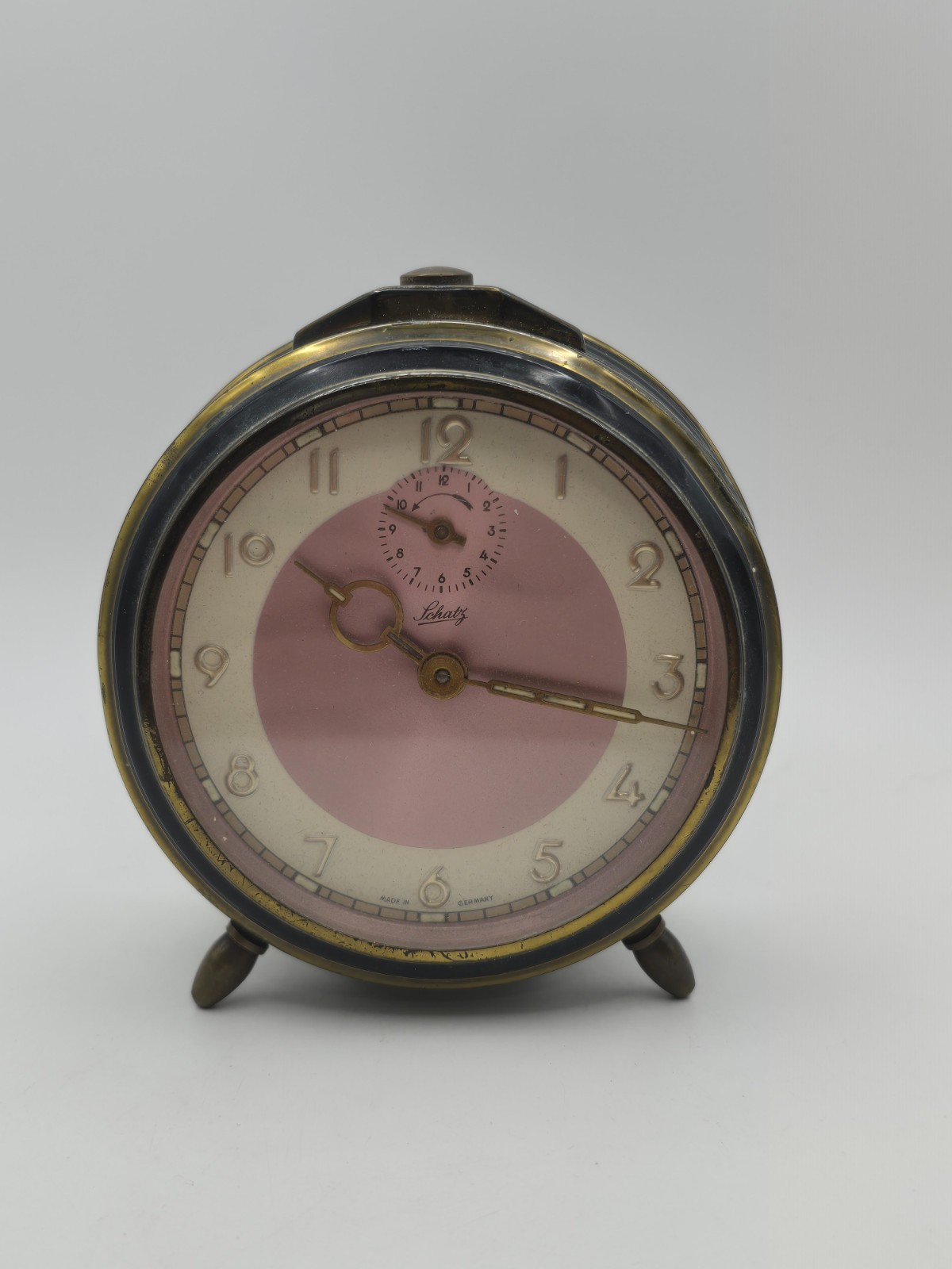 Vintage Schatz German Wind Up Alarm Clock Pink Dial Brass Black Parts Repair