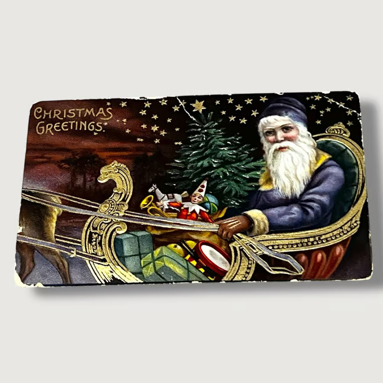 Postcard Christmas Greetings Santa Claus Purple Robe in Sleigh Embossed F470
