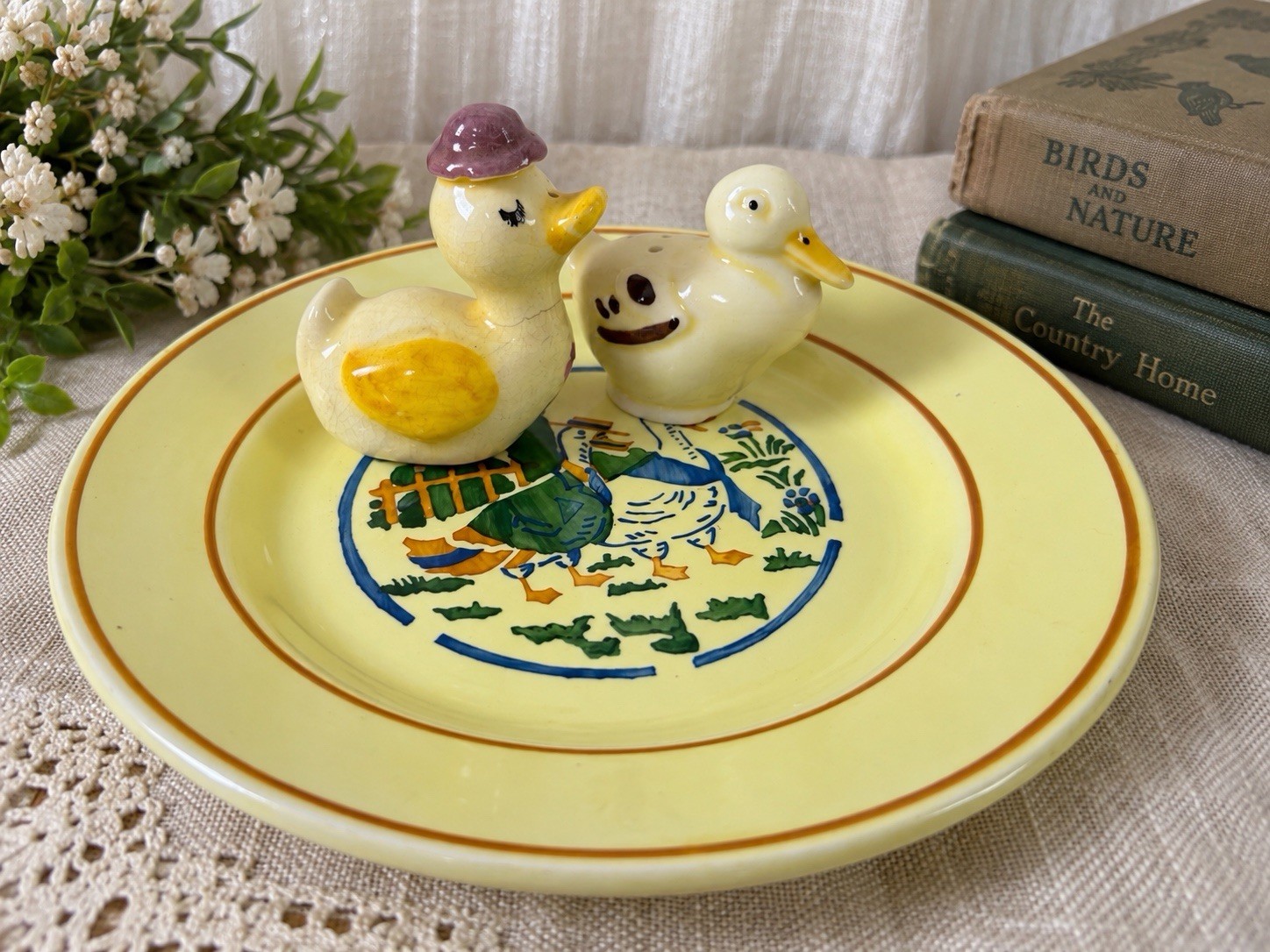 Antique SMF Schramberg Duck Plate Germany + English Duck Salt Pepper Shakers