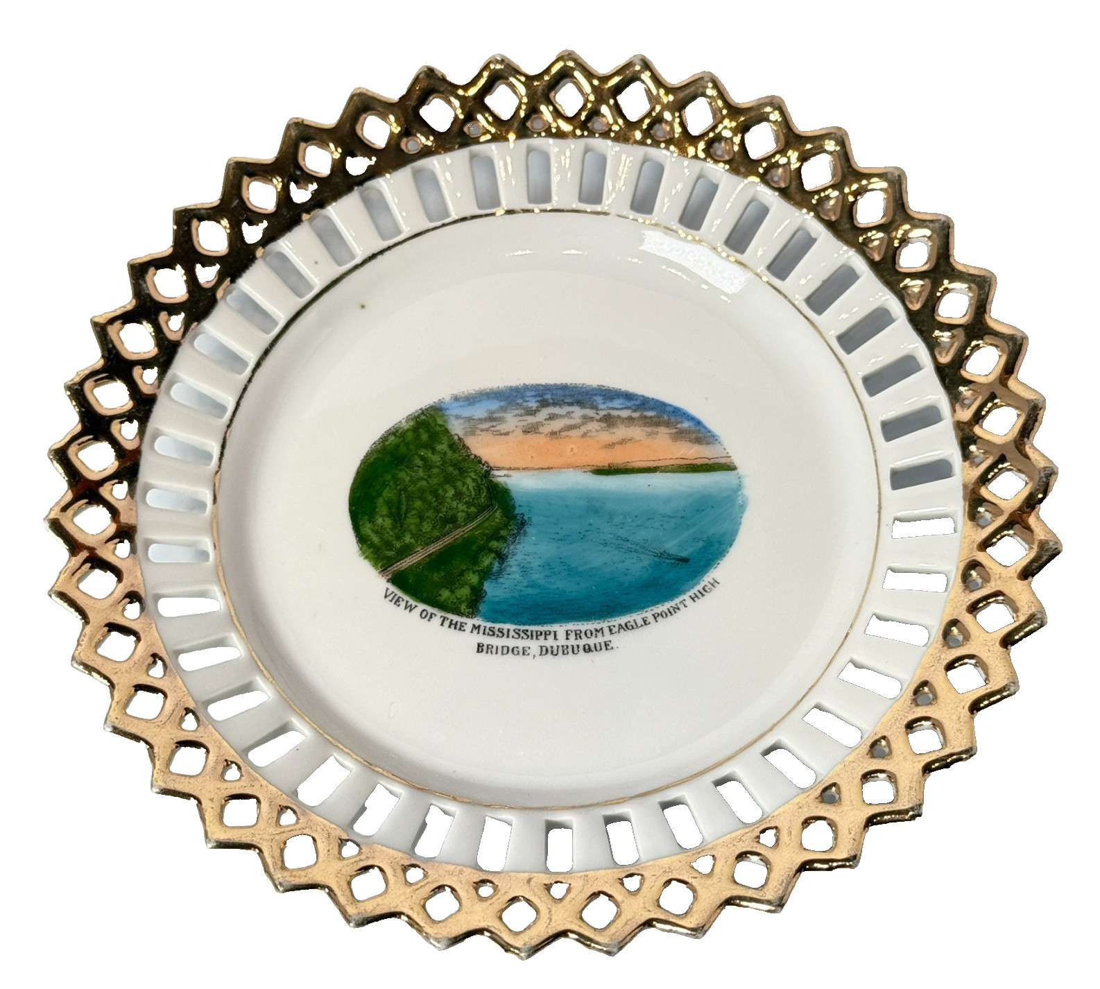 DUBUQUE EAGLE POINT BRIDGE Souvenir China TRINKET DISH RIBBON PLATE