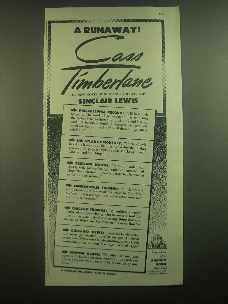 1945 Random House Book Advertisement -  Cass Timberlane by Sinclair Lewis