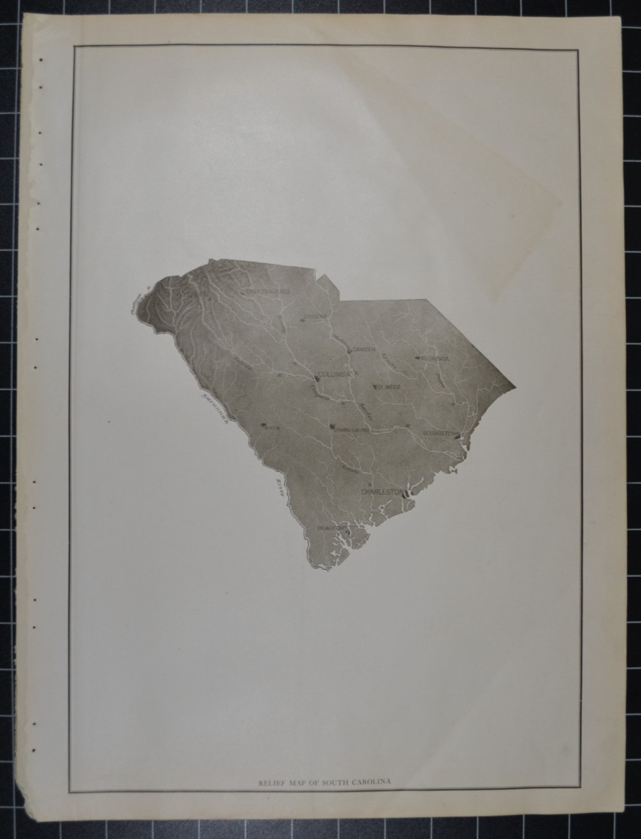 SOUTH CAROLINA - RELIEF MAP - B&W - 1912 - RAND-McNALLY NEW COMMERCIAL ATLAS