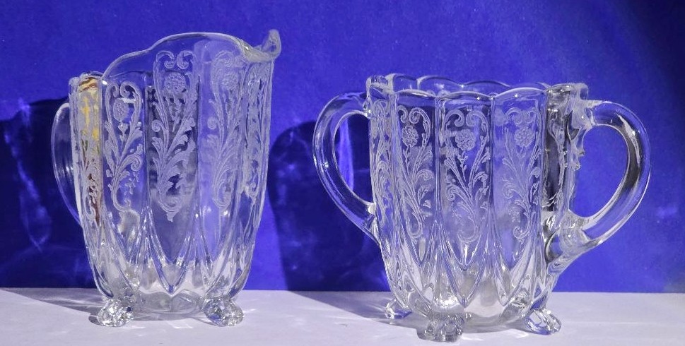 Canterbury Clear Antique Footed Creamer & Sugar Etched Floral Pattern No 31 EUC