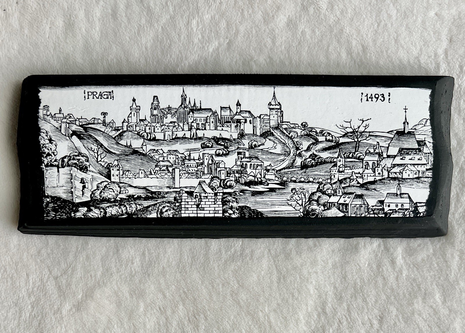 1978 Prague Czech Wood Wall Plaque Praga 1493 Nuremberg Chronicle w/Orig Receipt