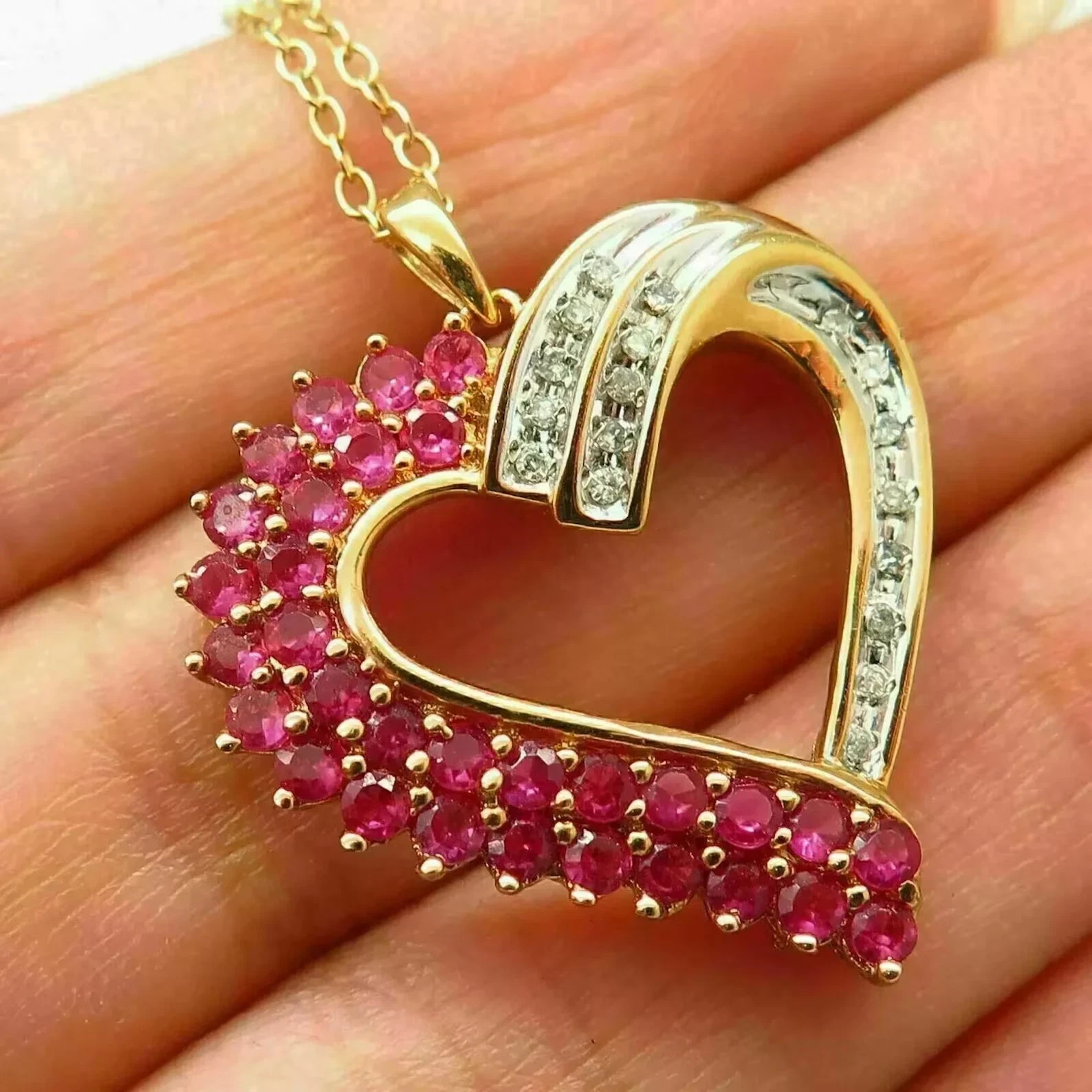 Ruby & Diamond Accents Heart Pendant Necklace In 14K Yellow Gold Plated 18\