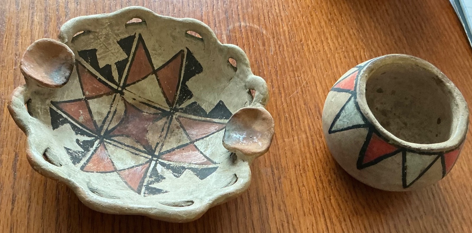 Two vintage native Pueblo pieces of pottery bowl & ashtray Signed
