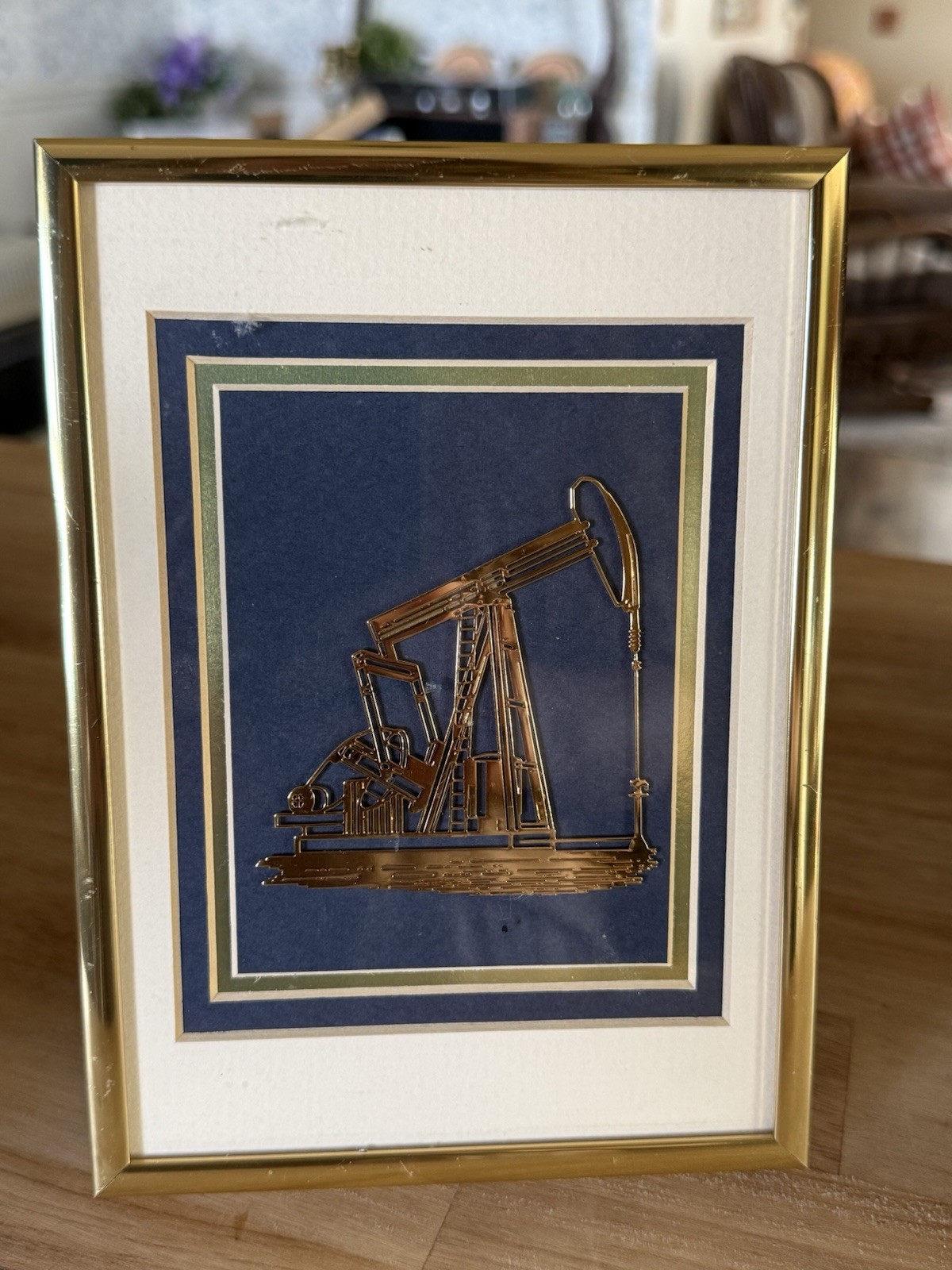 Vintage Brass Oil Well Pumpjack Gold Metal Framed Art Petroleum Oilfield Decor