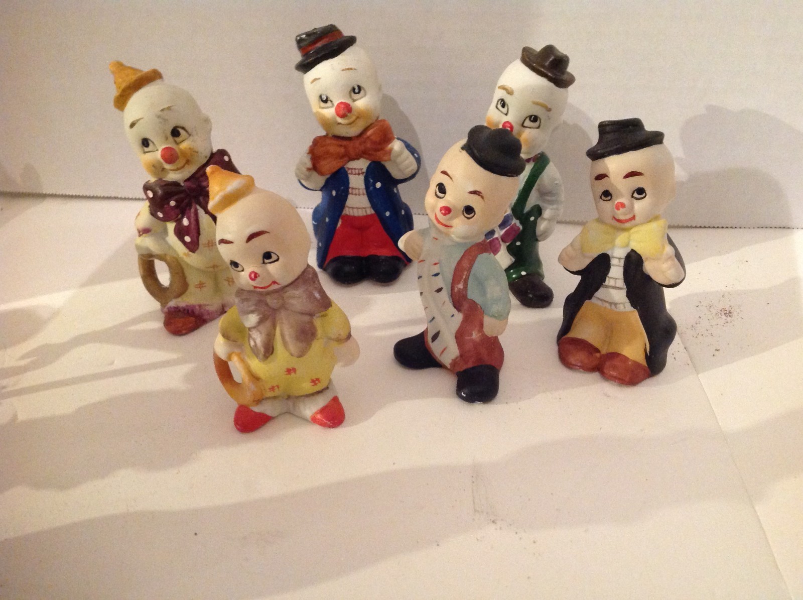 Six Enesco Vintage Bisque Porcelain 4” Tall Clowns Six Enesco Vintage Bisque Porcelain 4” Tall Clowns