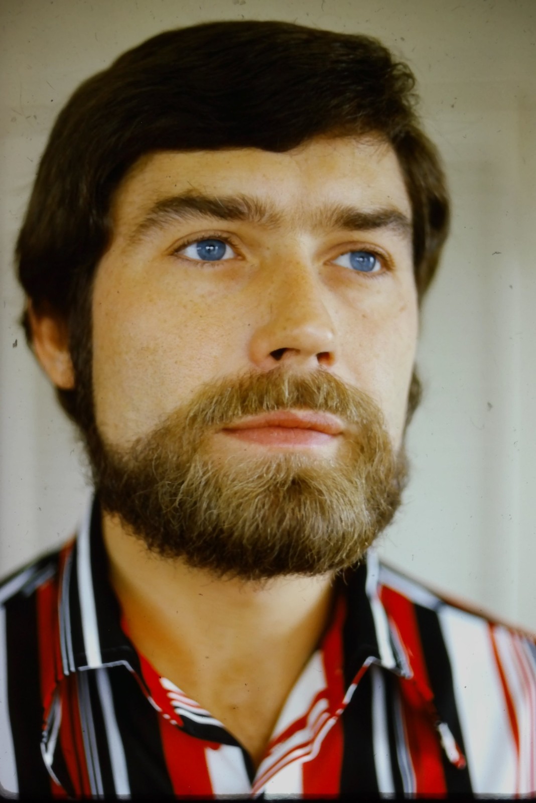 c1970\'s Kodachrome 35mm Slide, Man Portrait Beard Blue Eyes Striped Shirt red
