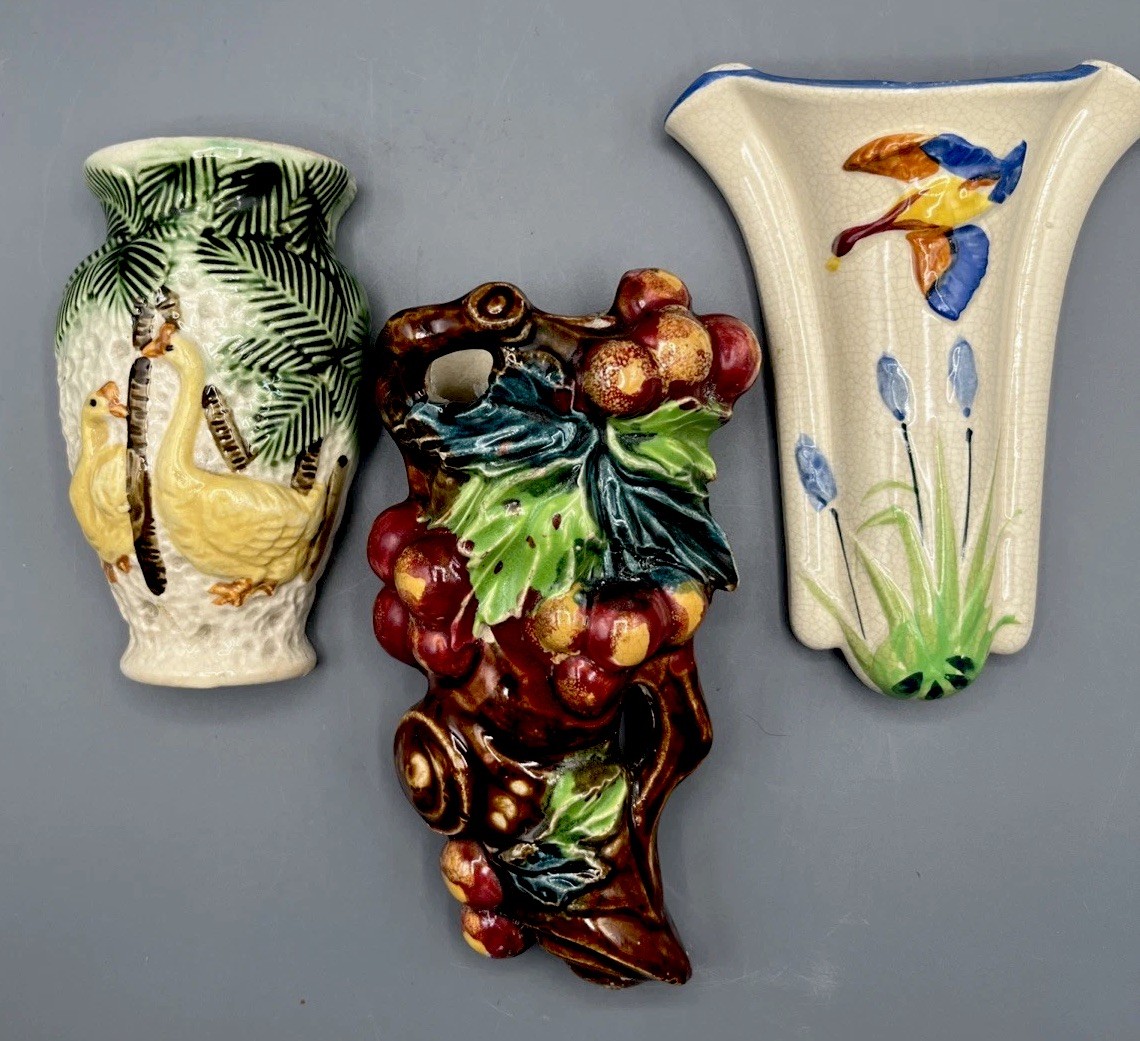 Lot 3 Vintage Japan Ceramic Wall Pockets Grapes Geese Palm Bird Hand Painted
