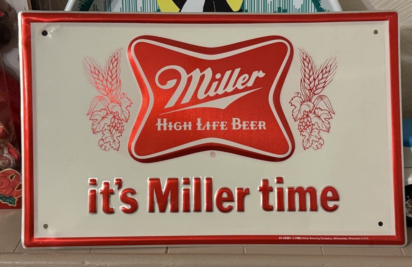 Vintage 1982 Miller High Life It’s Miller Time Embossed Metal Beer Sign 16x10