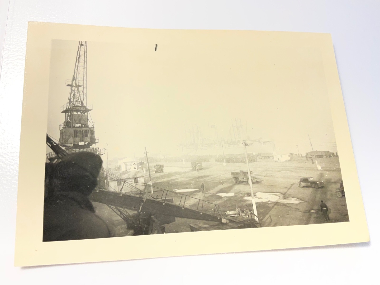 Original WWII Photo Military Harbor Port Cargo Crane Army Trucks Jeeps 1940s