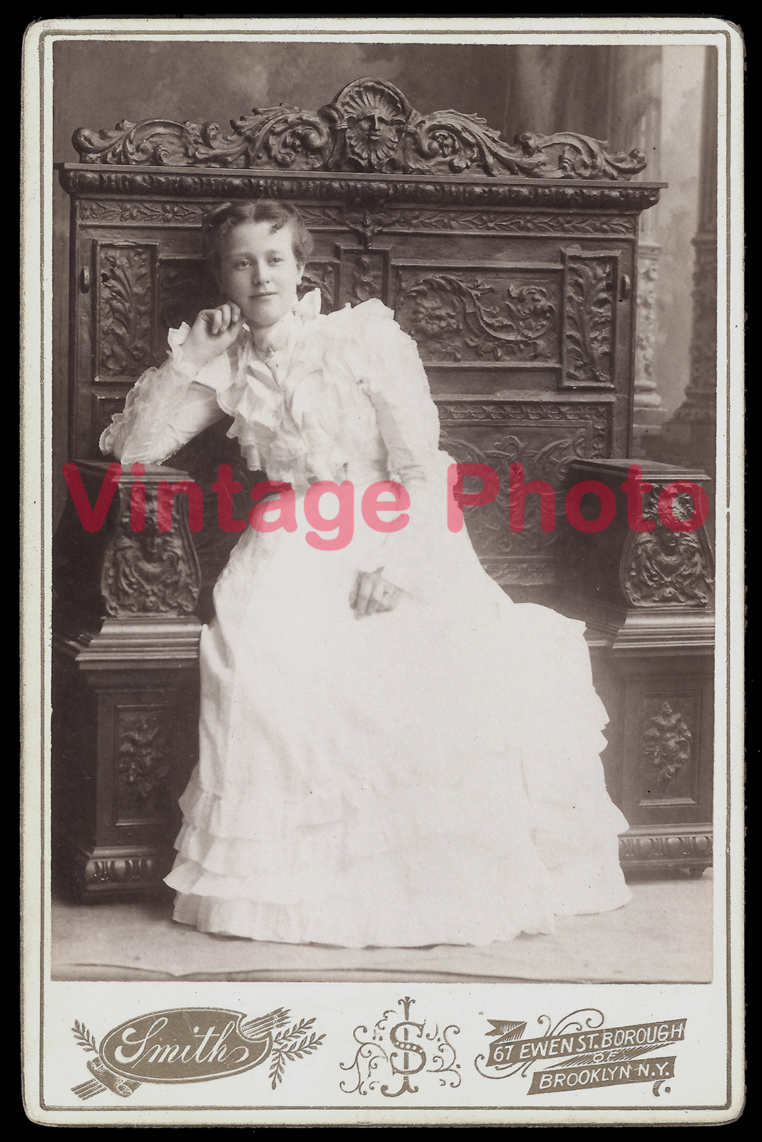 Elegant Young Lady Seated on Elaborately Carved Throne in 1880\'s Brooklyn NY