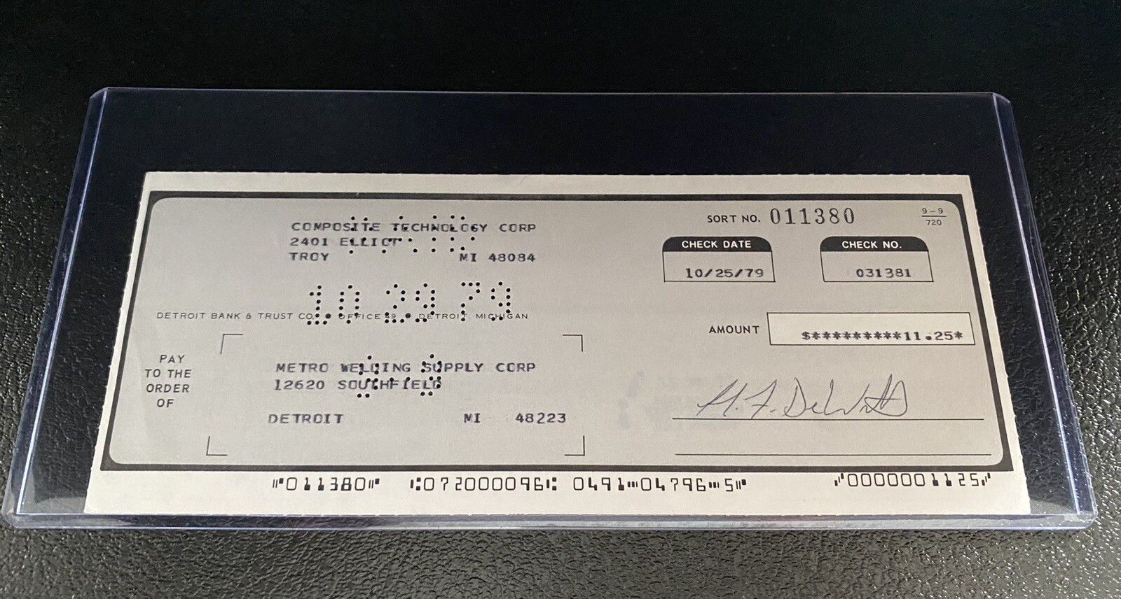 October 25 1979 DeLorean Car CTC Check Bank DMC Signed CFO Harold Dewitt No John October 25 1979 DeLorean Car CTC Check Bank DMC Signed CFO Harold Dewitt No John