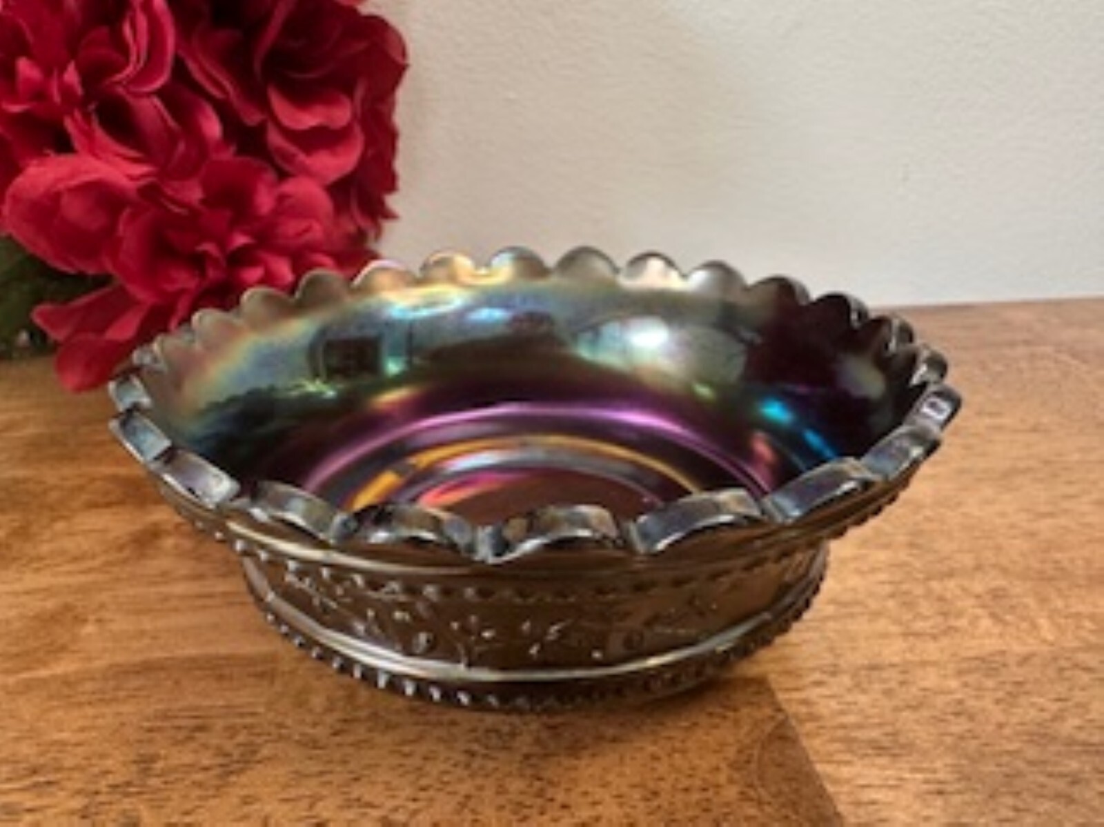 Vintage Northwood Carnival Glass Bowl Grape & Cable Pattern Iridescent Amethyst