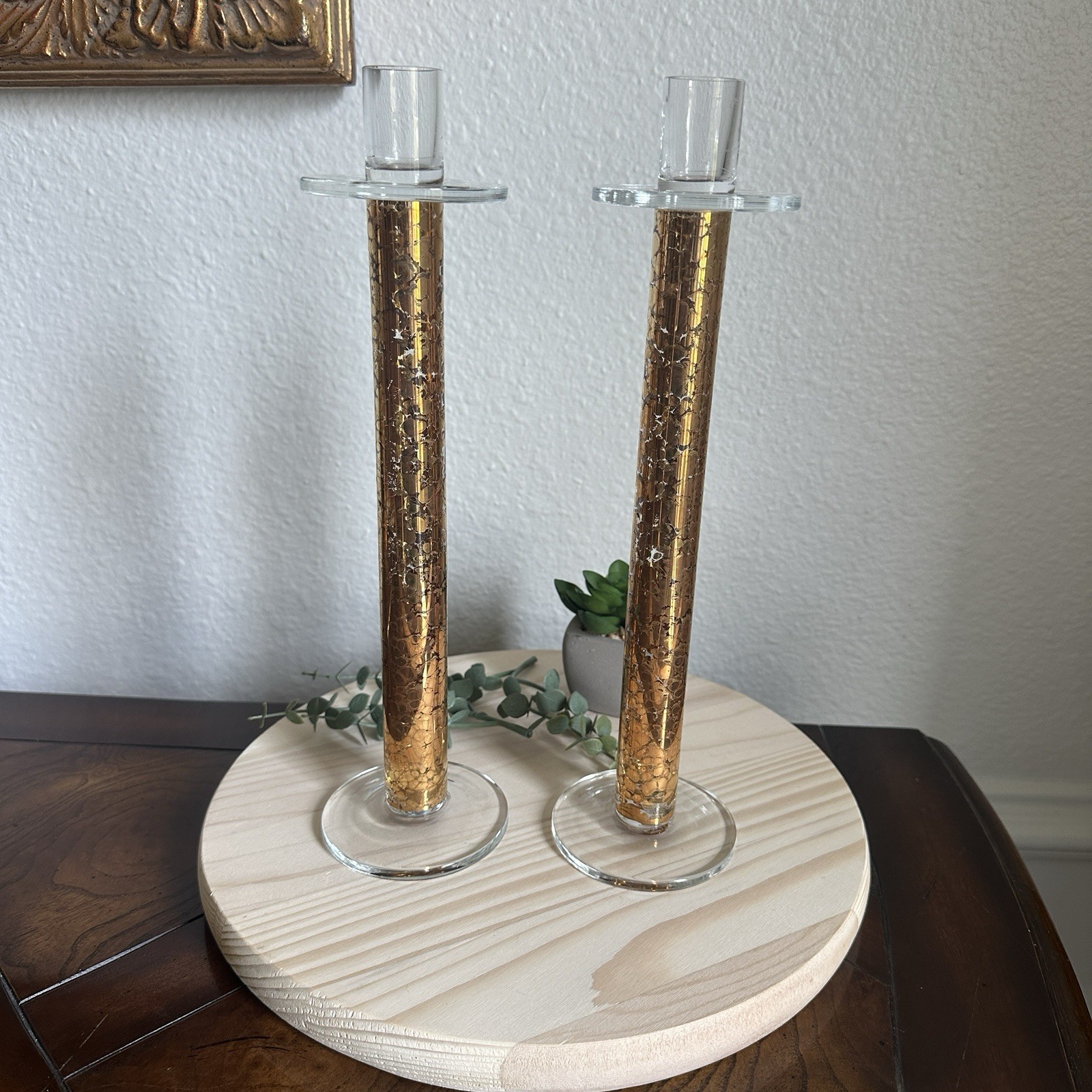 VTG Mid Century Candlestick Holders 11.5 Inch Gold Clear Crackle Glass Decor VTG Mid Century Candlestick Holders 11.5 Inch Gold Clear Crackle Glass Decor