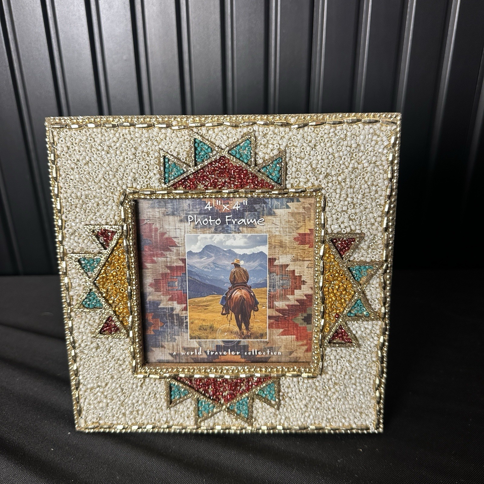 World Traveler Picture Frame Freestanding 4x4” Photo Beaded Aztec Southwestern