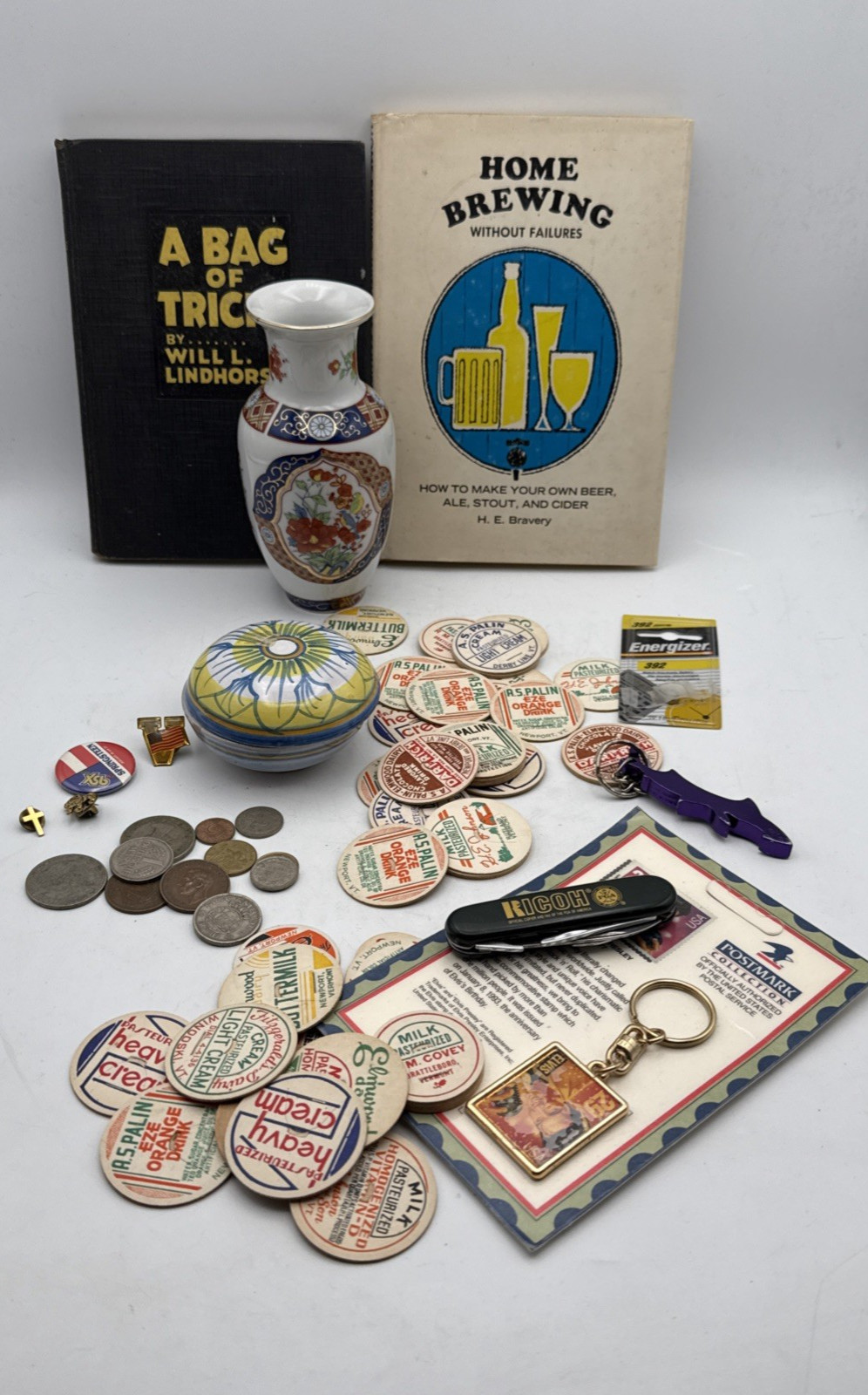 Grandpa and Grandma's Junk Drawer Lot Milk Caps, Books, Mixed Lot