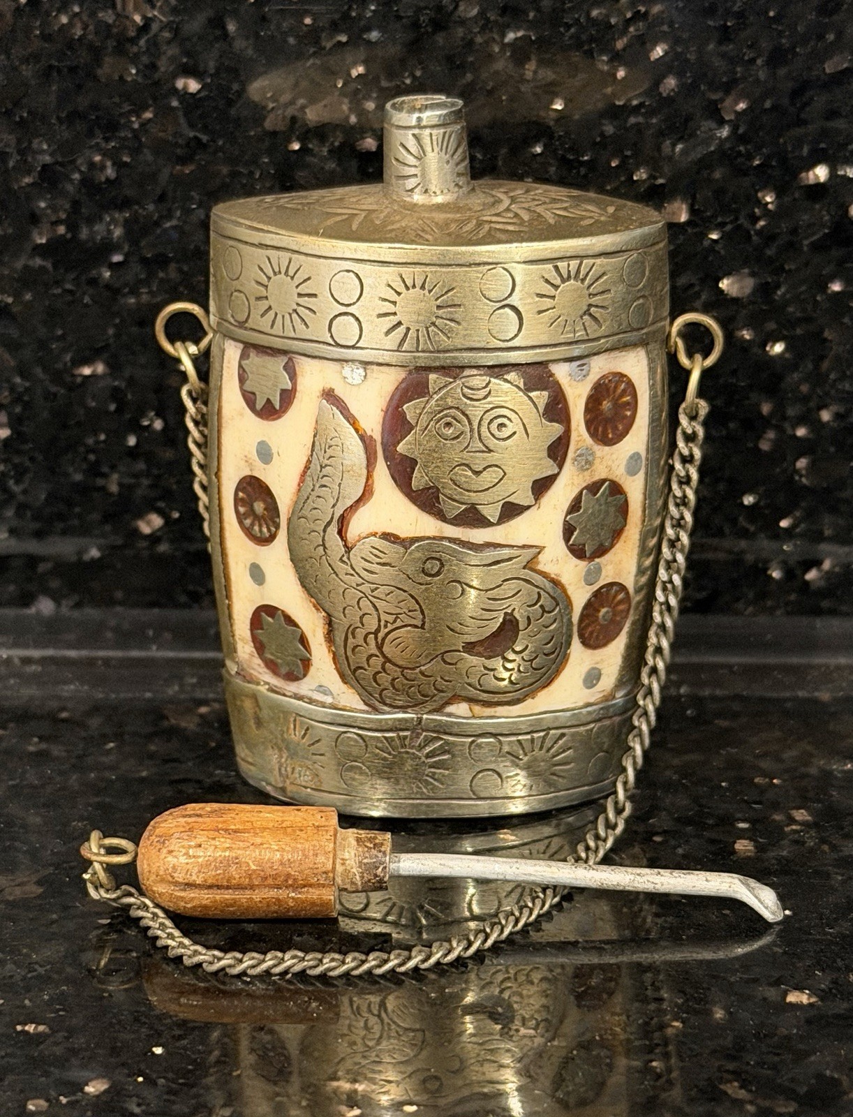 VINTAGE CHINESE SILVER/BRASS & BONE SNUFF PERFUME BOTTLE c1950 Dragon & Bird VINTAGE CHINESE SILVER/BRASS & BONE SNUFF PERFUME BOTTLE c1950 Dragon & Bird