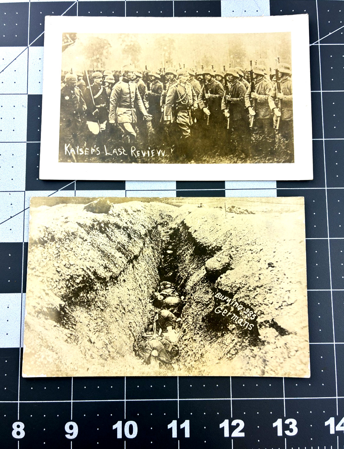 2 Postcard RPPC Kaiser's Last Review WW1 & Burying 285 Germans Trench warfare PB