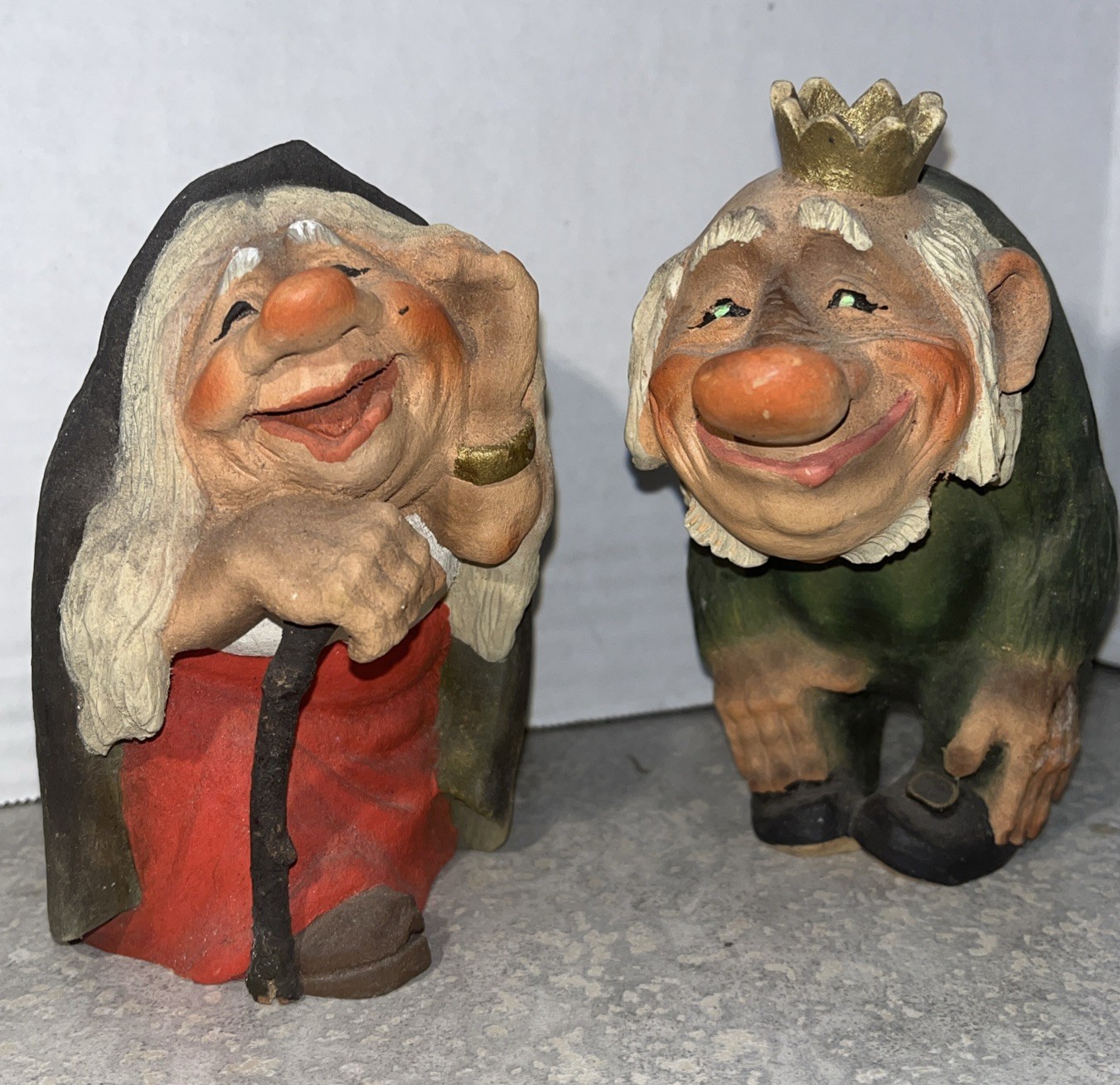 Vintage Set of 2 Green King Troll &Old Woman Hand Carved Wood HENNiNG Norway-859 Vintage Set of 2 Green King Troll &Old Woman Hand Carved Wood HENNiNG Norway-859