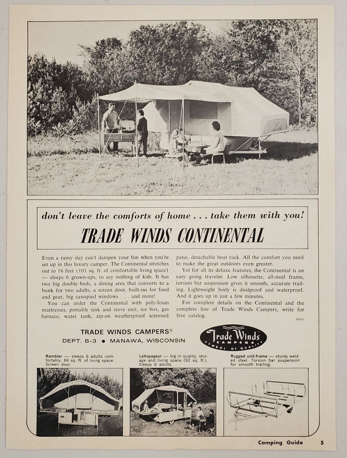 1964 Print Ad Trade Winds Continental Tent Camping Travel Trailer Manawa,WI