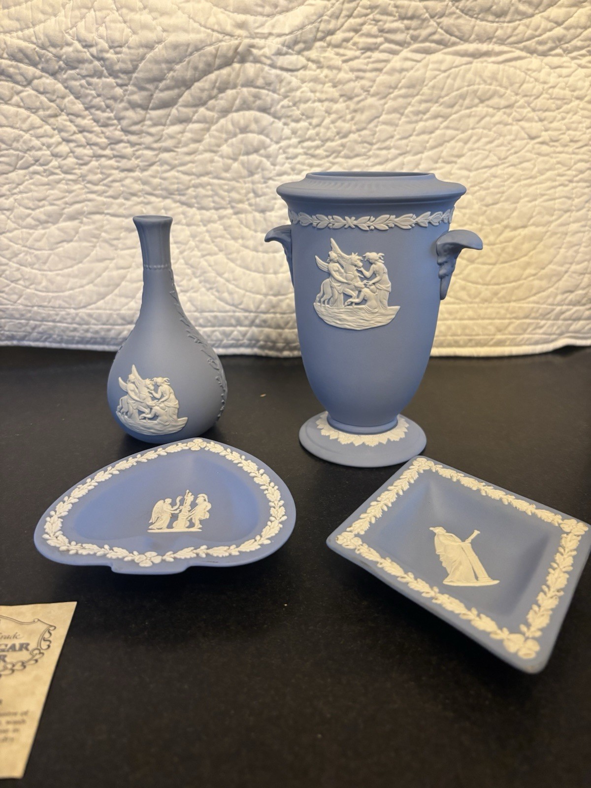 Wedgwood Mullingar Pewter Blue Jasperware Style 4-Pc Neoclassical Vase Dish Set