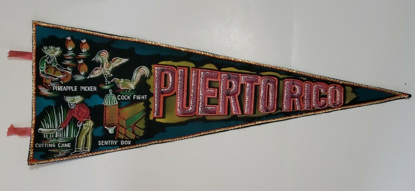 Vintage Puerto Rico travel pennant - Cock fight, Pineapple picker, Cutting Cane+