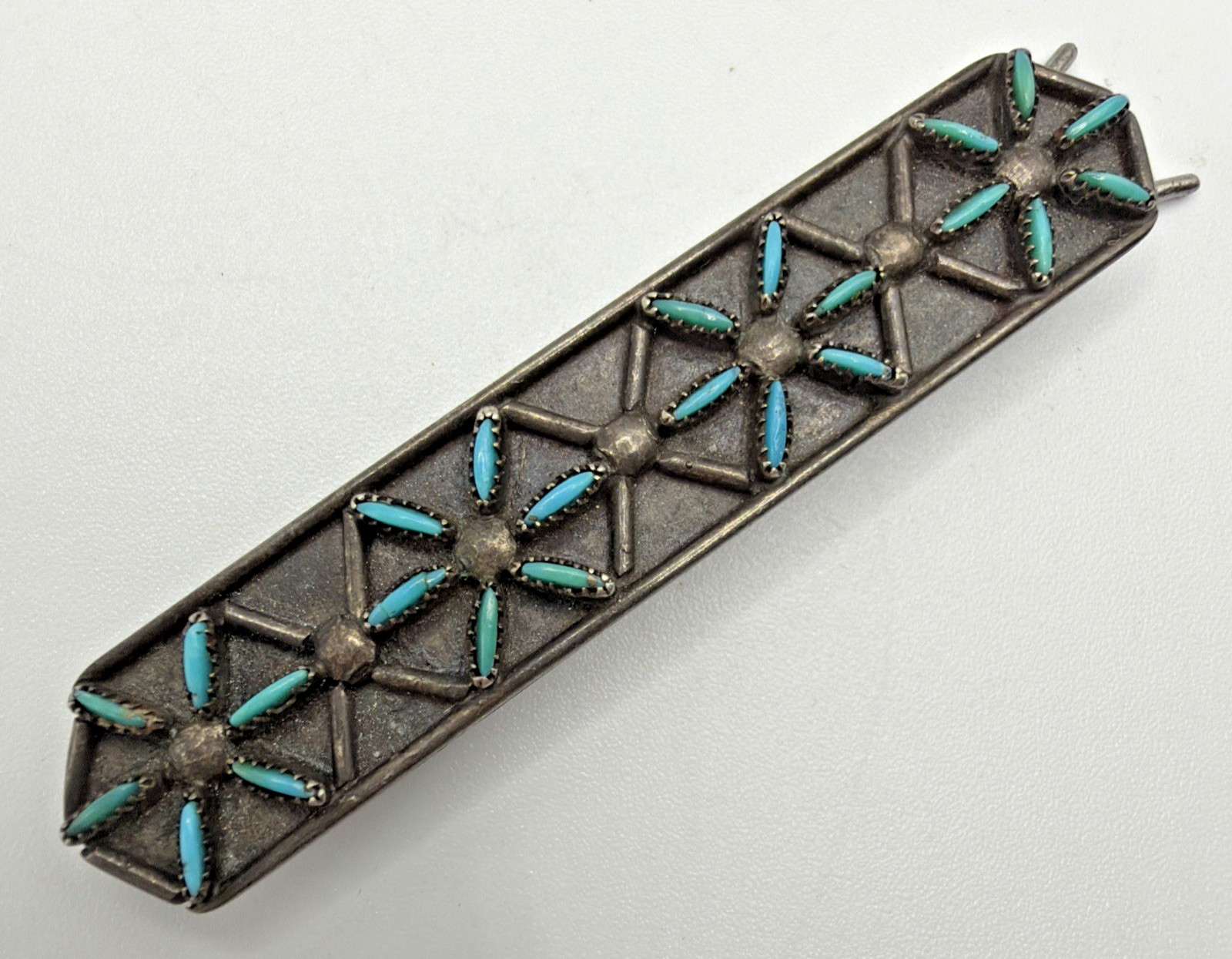 Vintage Zuni Sterling Silver Turquoise Needlepoint Petit Point Hair Barrette