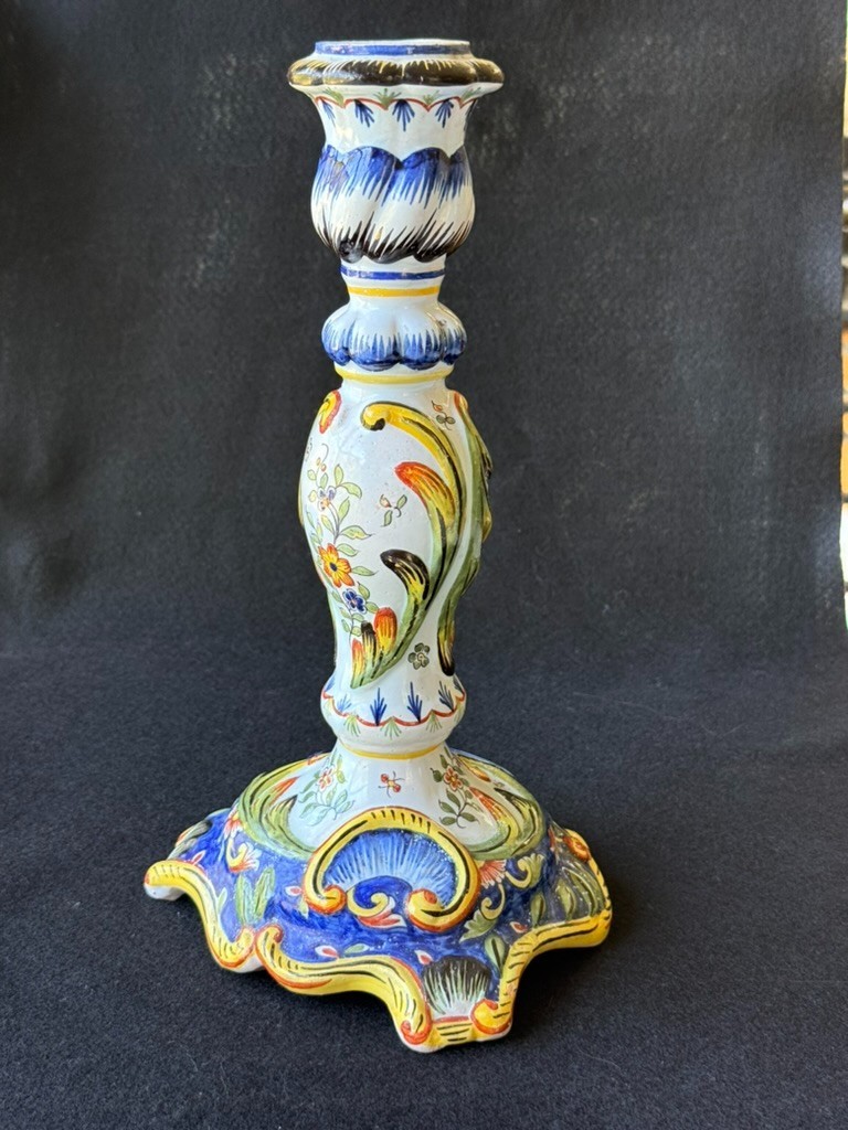 French Faience Hand Painted Candlestick