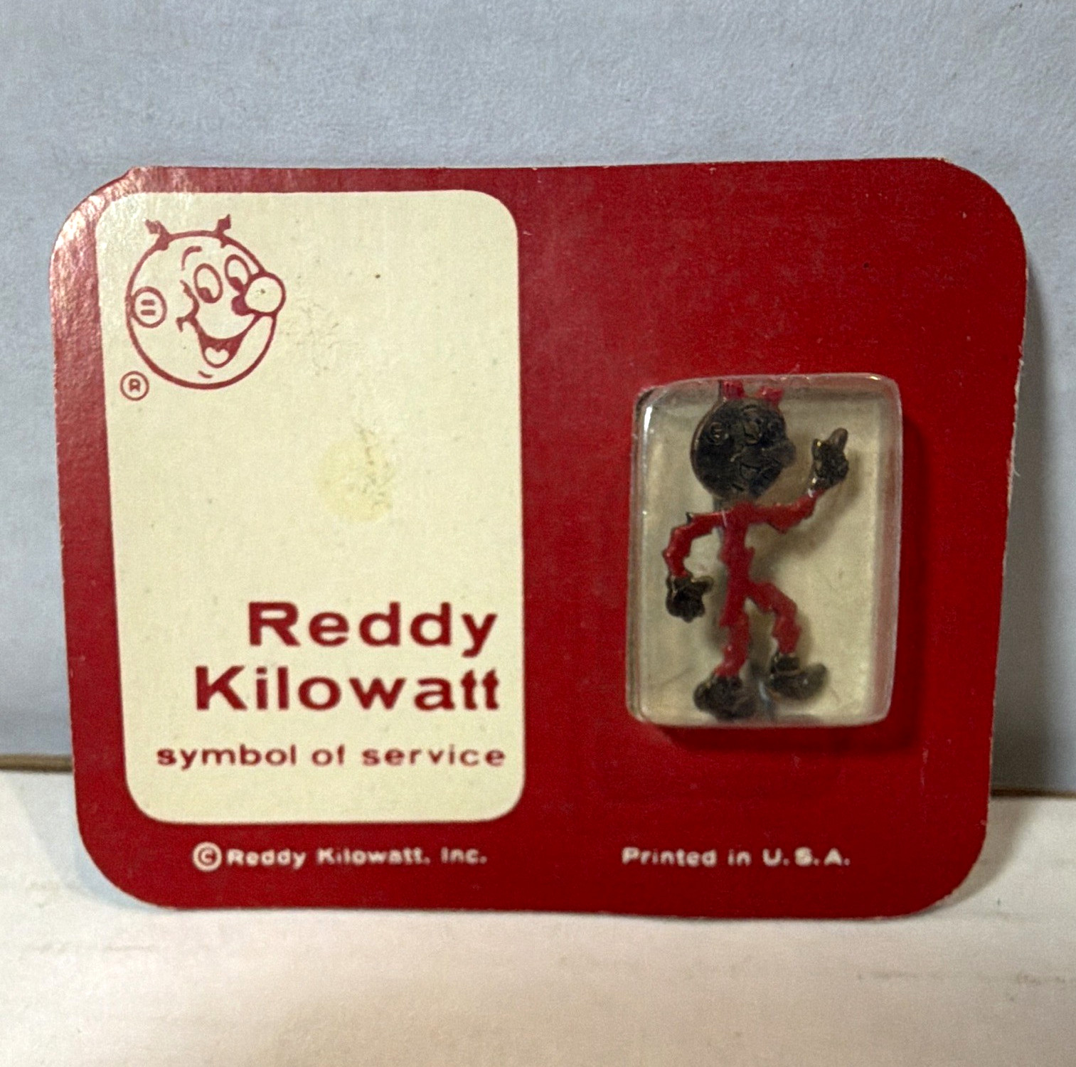 Reddy Kilowatt Symbol of Service Pinback Button on Card, Red/White