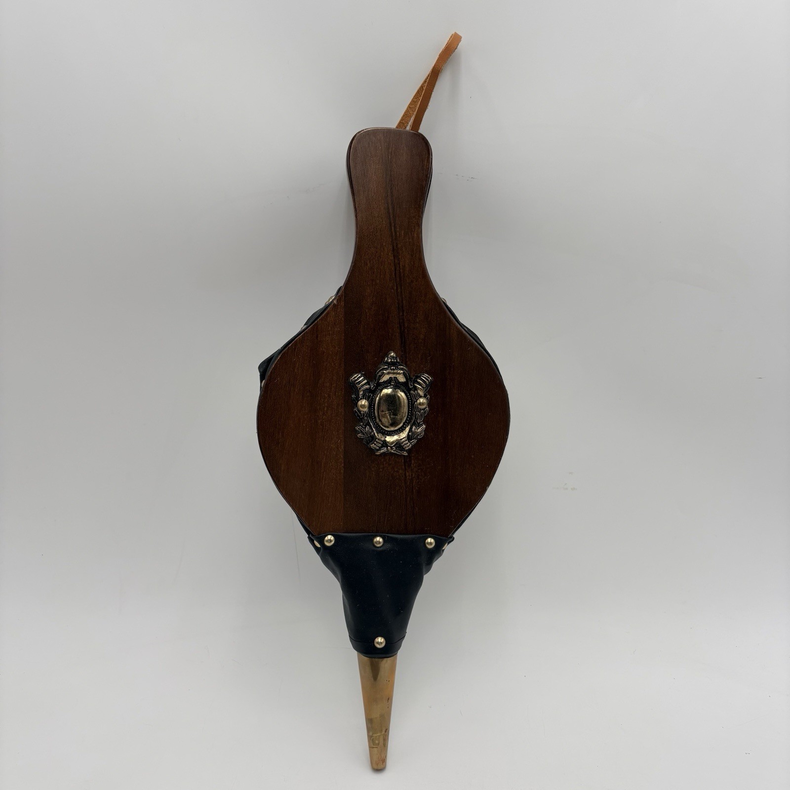 Vintage Fireplace Woodstove Bellows Blower Wood Leather Brass Eagle Crest 16\