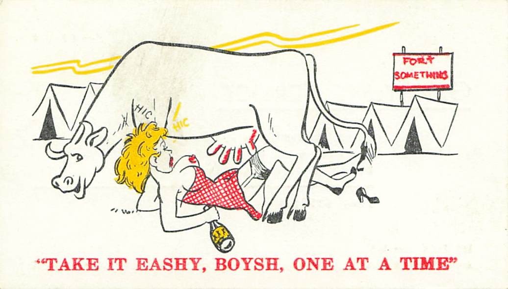 VTG Laff Mechanic Card Risque Humor Cartoon Fort Somethings Cow Pin Up Tracy CA