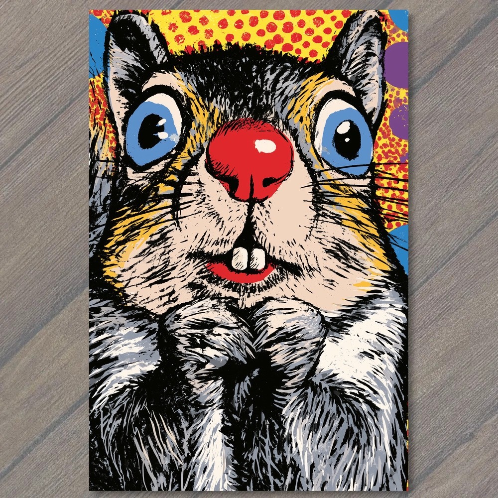 POSTCARD Cartoon Rodent Big Eyes Red Nose Whiskers Colorful Pop Fun Quirky