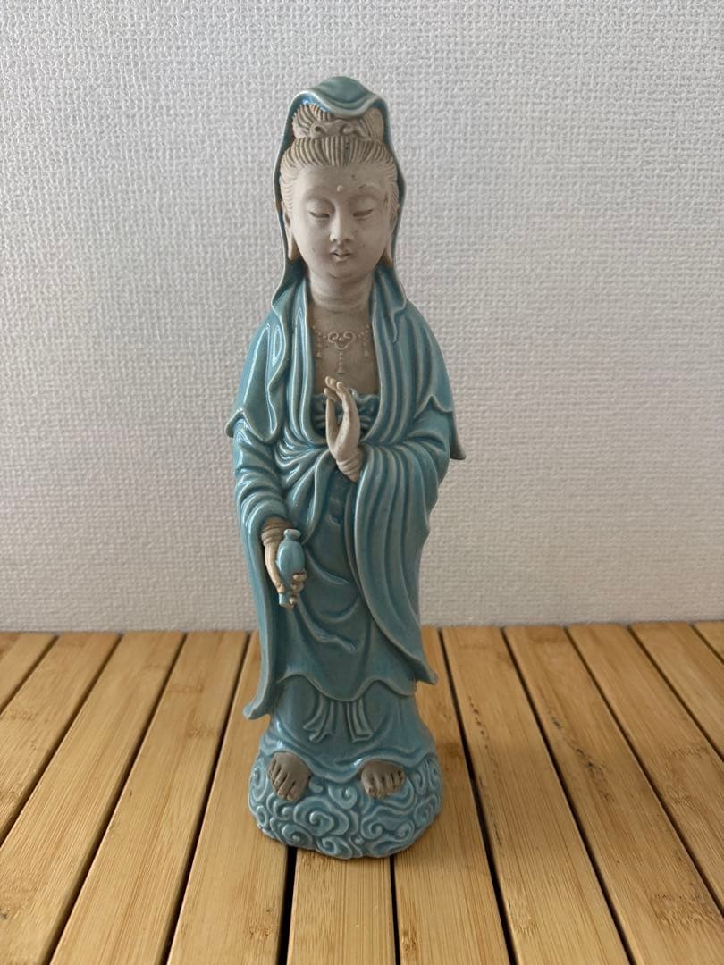 Ceramic Kannon Bodhisattva Statue Blue Glaze Asian Art Collectible