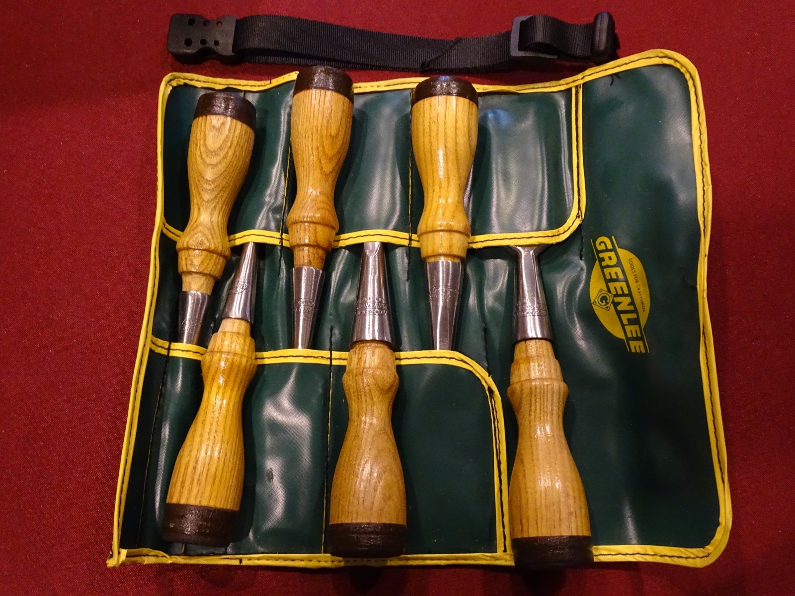 Greenlee, Rockford IL 6 Piece Short Socket Firmer Chisels w Original Green Pouch