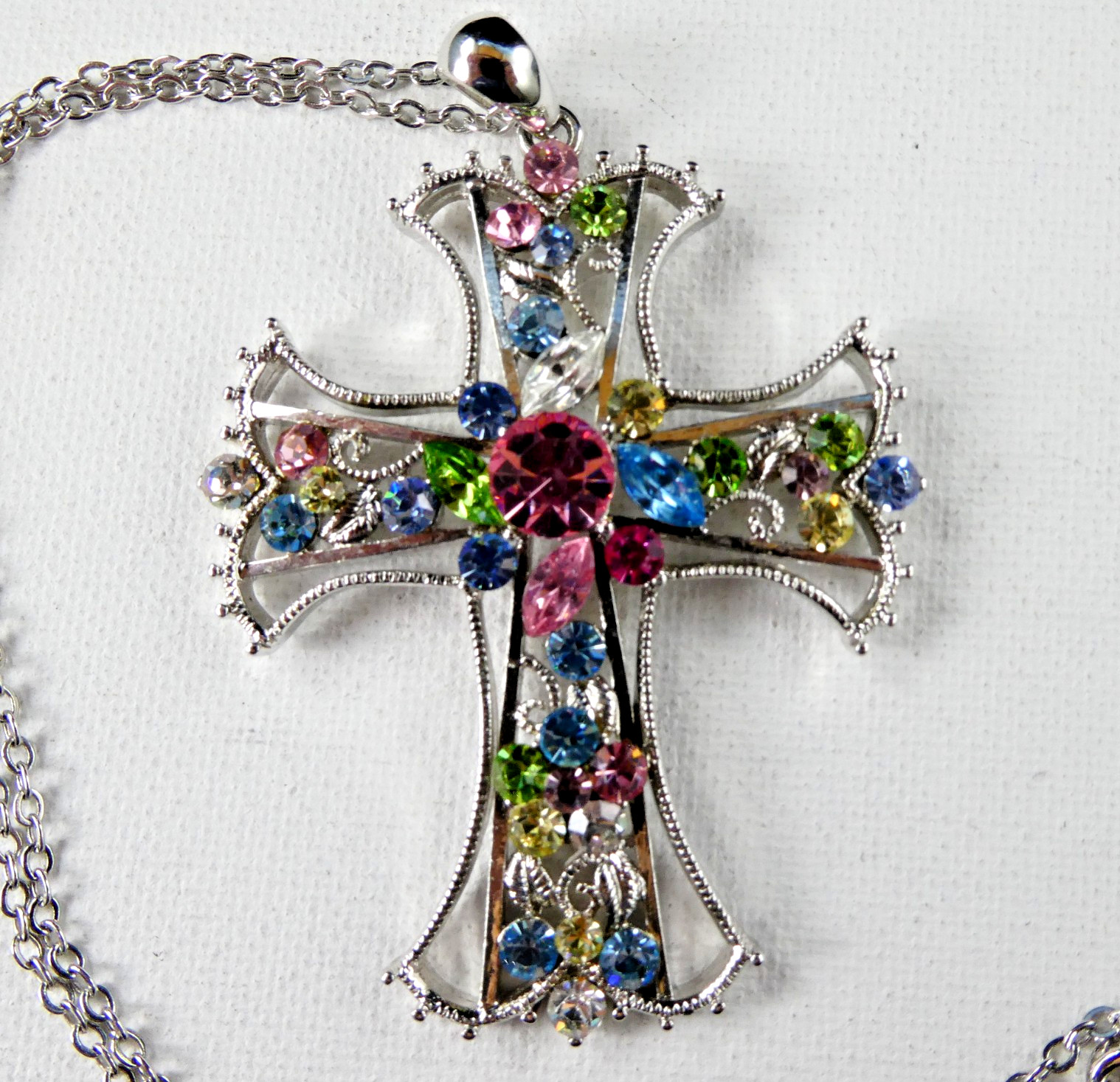 Lovely Pastel Rhinestone Cross Pendant w/ Chain Necklace Religious Silver Tone