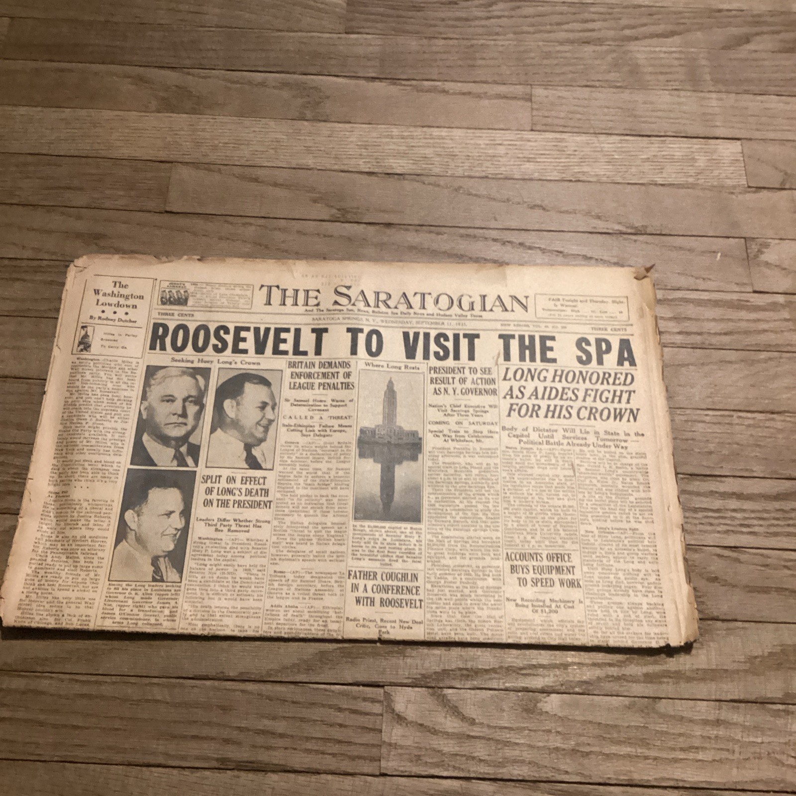 September 11, 1935 The Saratogian Newspaper “Roosevelt To Visit Spa” *RARE*