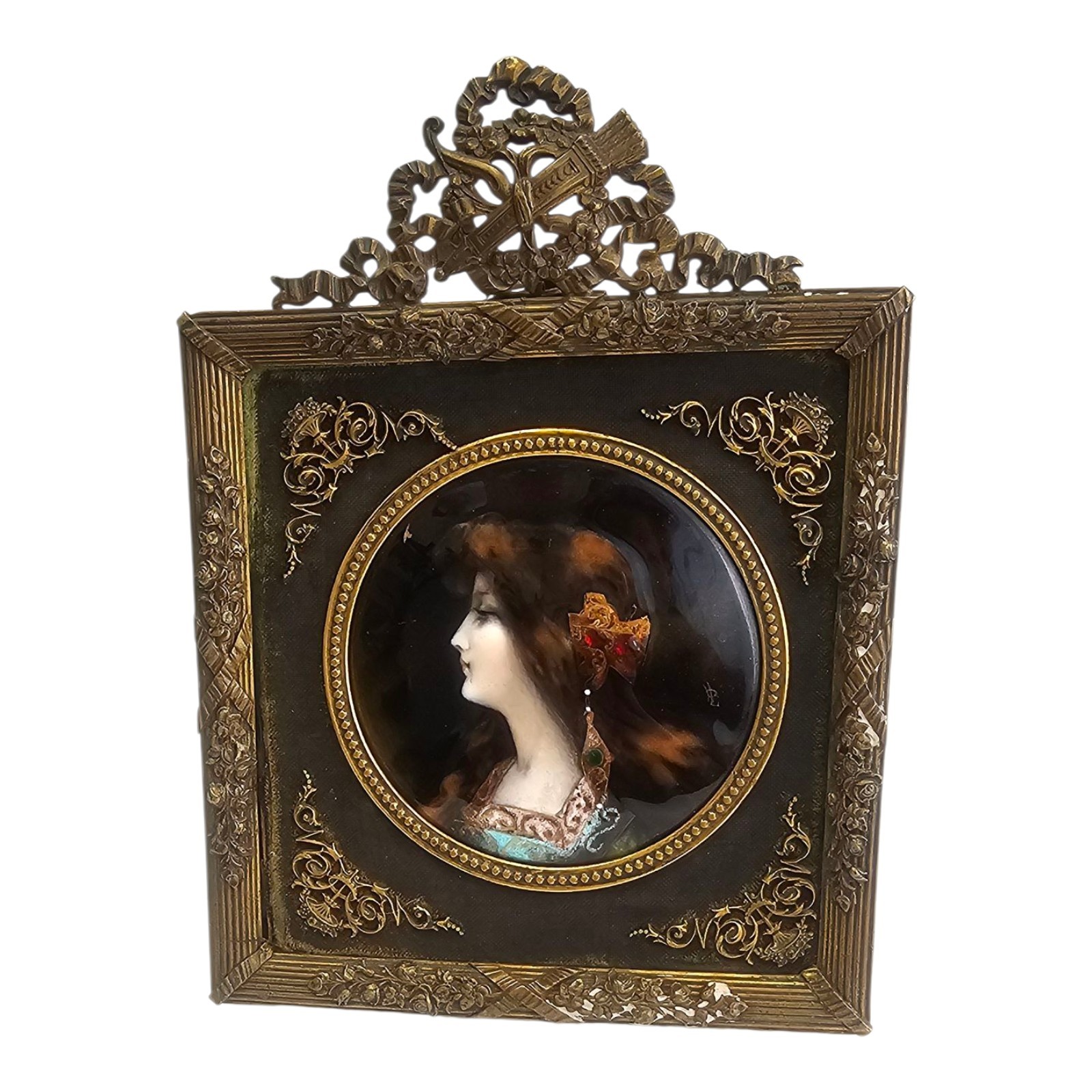 Antique French Enamel On Copper Miniature In Bronze Frame/ Signed/ France C.1900