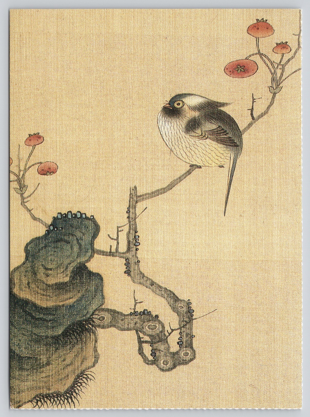 Chen Hongshou Bird on Branch Silk Painting Postcard