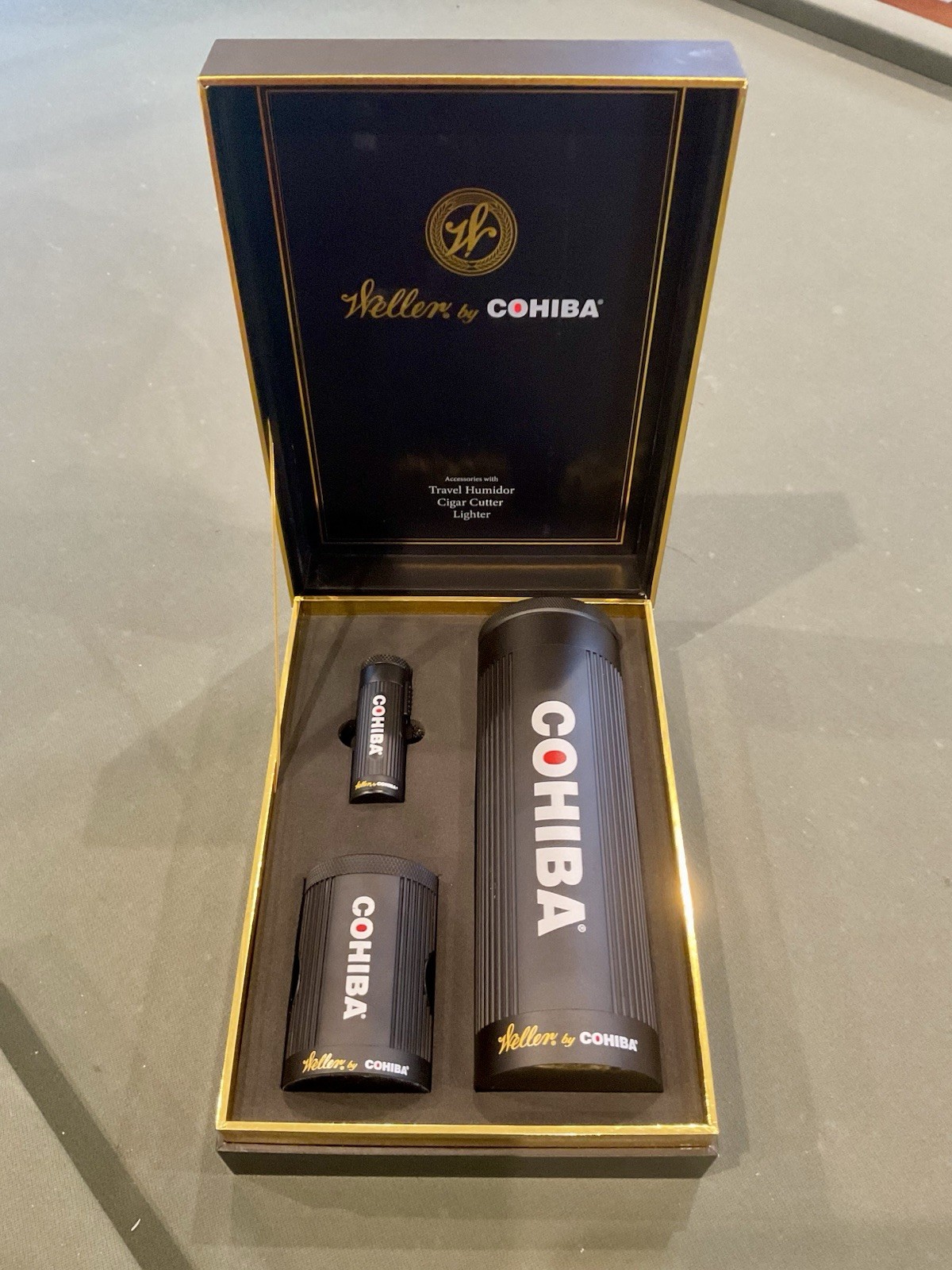 Weller by COHIBA Travel Humidor Set w/ Cigar Cutter, Cigar Torch Lighter, Boxed 